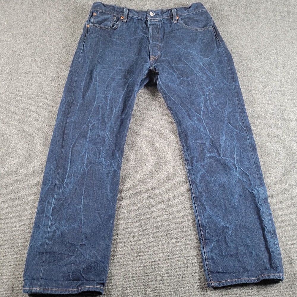Levis 501 Jeans Mens (Label 38X32) Button Fly Spider Web Fade Blue Dark Wash